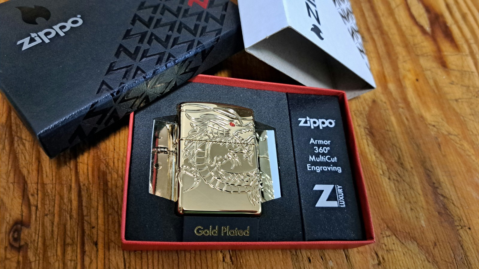 2026 Gold Chinese Dragon Zippo With Gold Insert and Sealed Chimney Cap Insert.