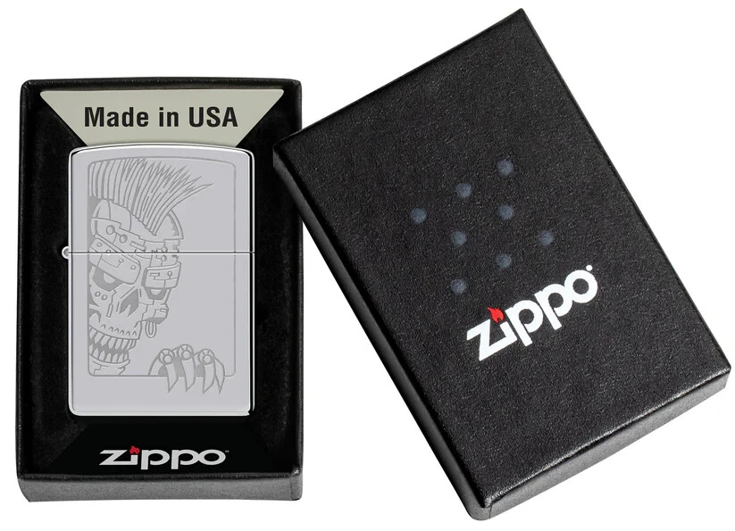Zippo 46426, Skull With Mohawk Design, High Polish Chrome Lighter, NEW