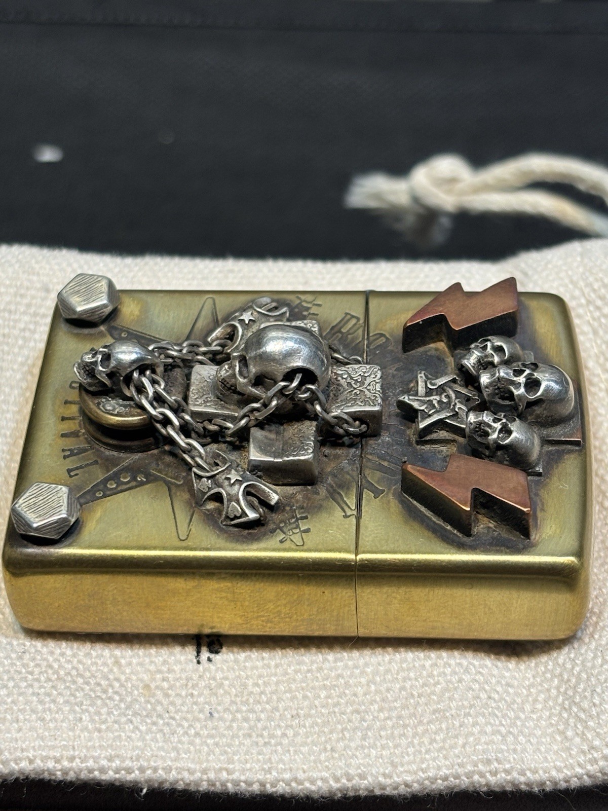RARE Handmade. Heavy Sterling stamp Rock festival Zippo 2-side velvet Box