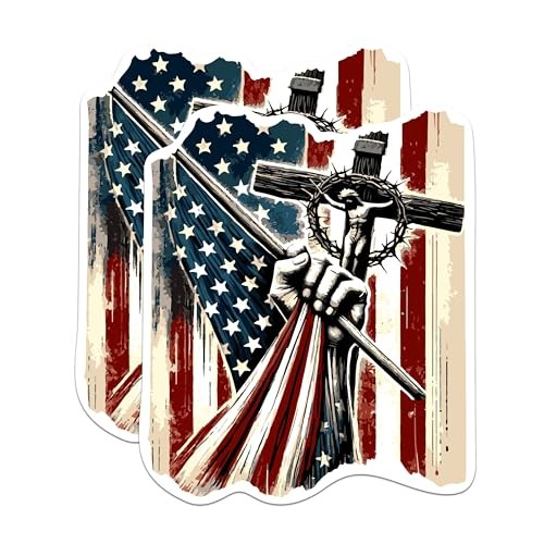(2 Pack) USA Flag with Crucifix Cross Patriotic Magnets – 5 Inches On Longest