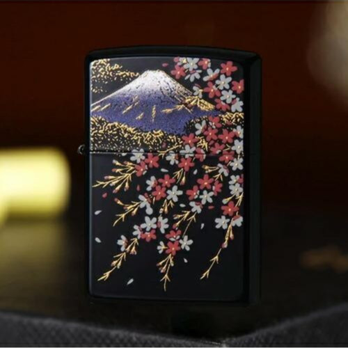 Zippo Makie Mt. Fuji Sakura Gold Lighter Black Lacquer Velour Case Japan