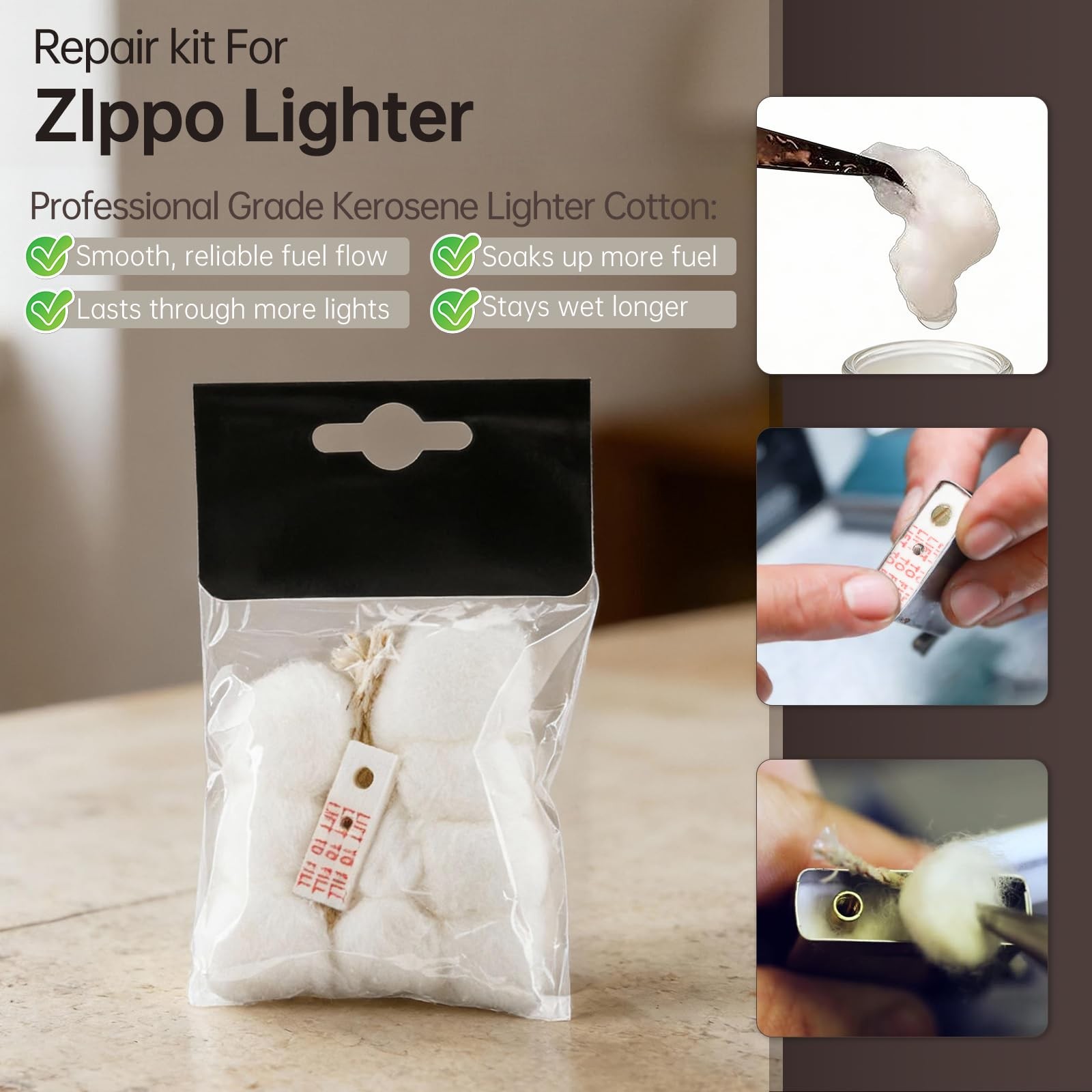 Cotton Compatible with Zippo Lighter,2 Pack,Replacement Parts Standard, White