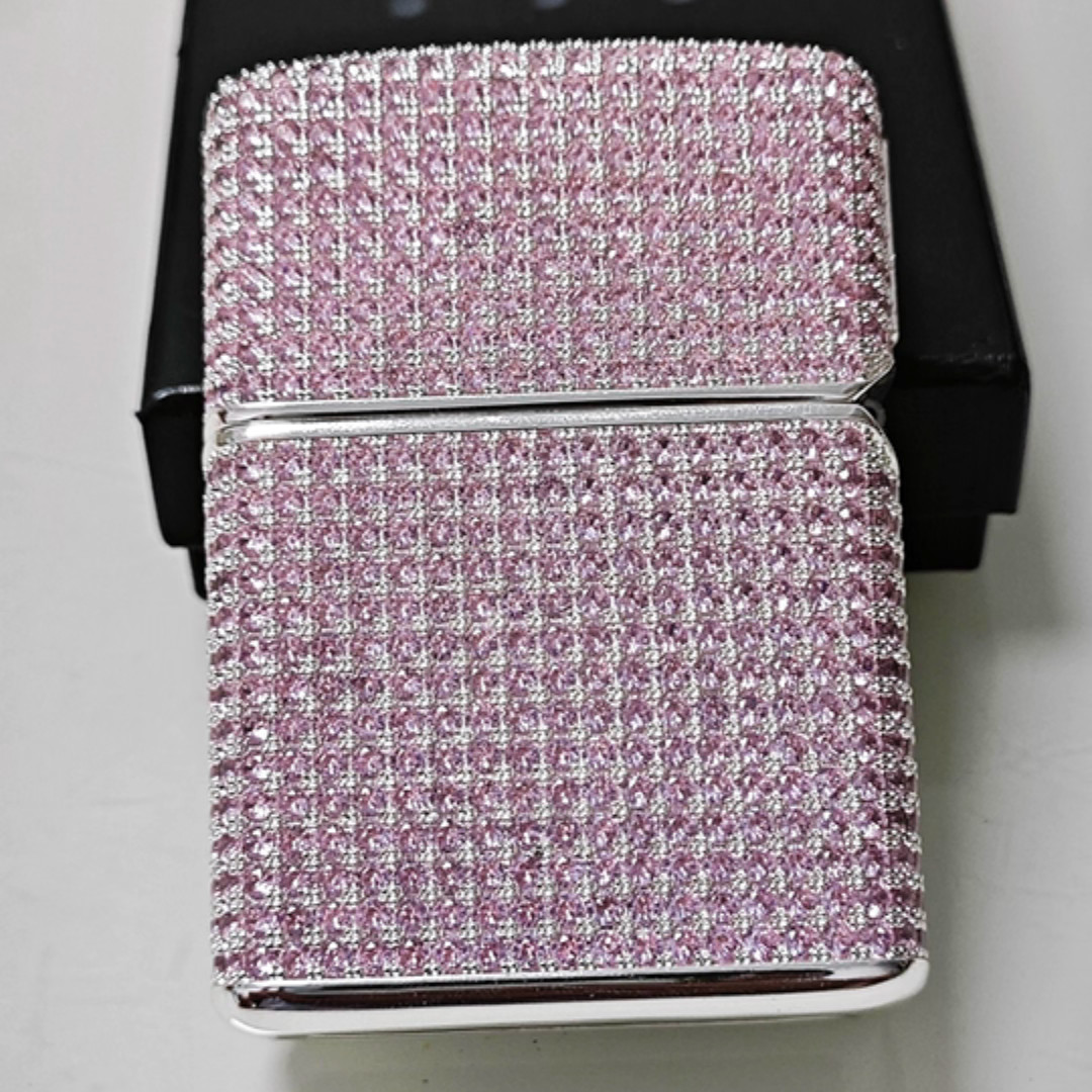 Zippo Lighter with Full Pink Crystal Decoration, Eight-Treasure Compass Design