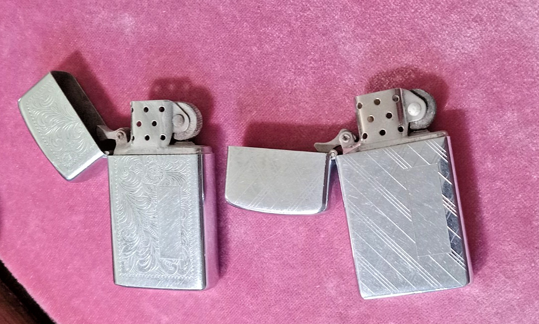 Two Vintage silvertone Zippo Lighter Slim Florentine & Plaid Zippo No engraving