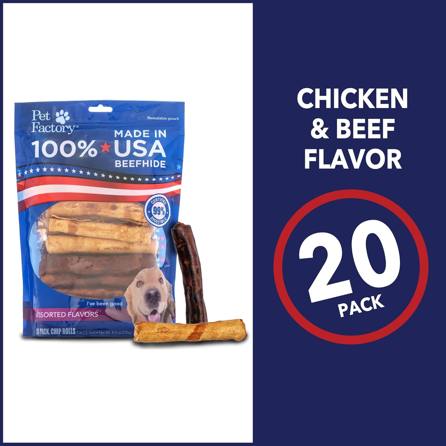 100% Made in USA Beefhide 5″ Chip Rolls Dog Chew Treats – Beef & Chicken Flavor,