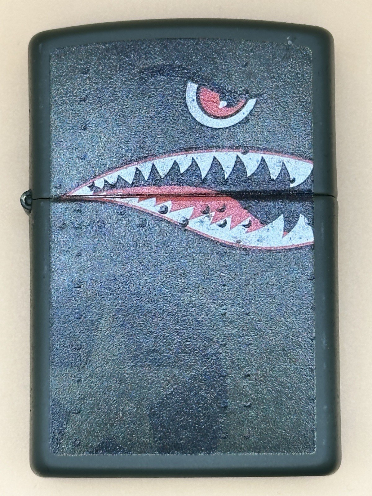2024 Nose Art Military Angry Shark Dark Green Matte Zippo Lighter NEW