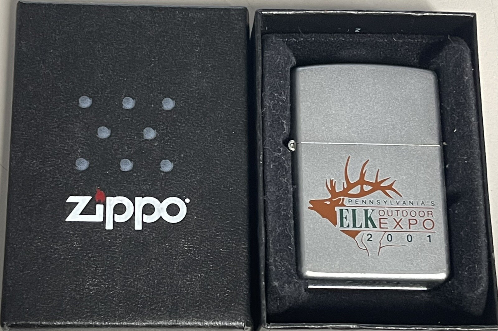 ZIPPO 2001 ELK OUTDOOR EXPO PENNSYLVANIA’S CHROME LIGHTER UNFIRED IN BOX A582