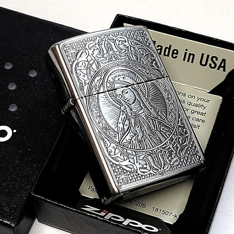 Zippo Ave Maria Amulet Antique Silver Etching One Sided Processing Lighter Japan