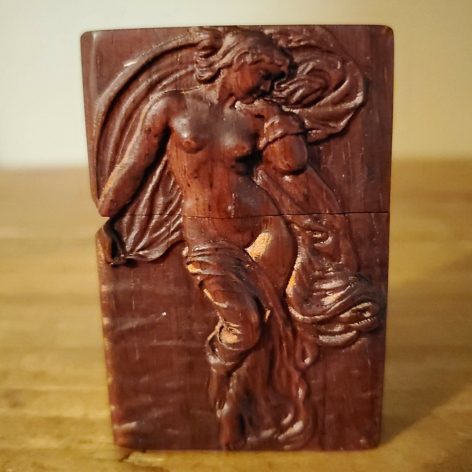Hand-Carved Naked Woman Angel Girl Wooden Zippo Lighter Case + Steel Wick Insert