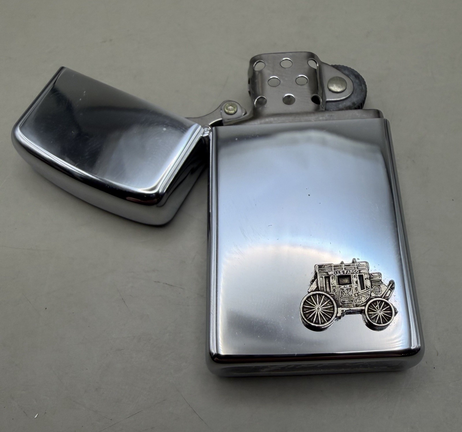 Vintage Zippo Slim No. 1610 High Polish Chrome Stagecoach Lighter NOS Boxed