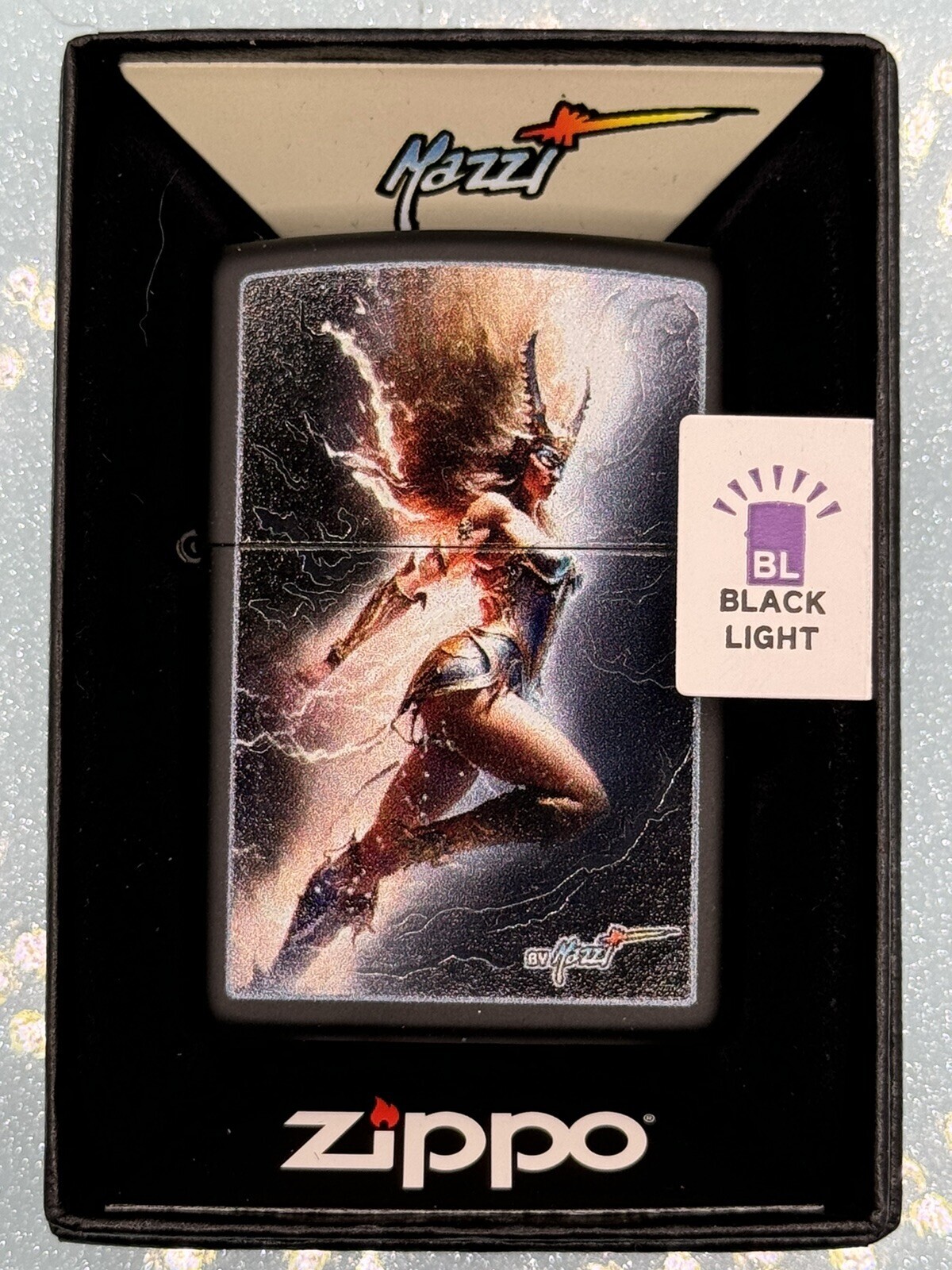 2024 Goddess Of Lightning 46412 Black Matte Black Light Zippo Lighter NEW Mazzi