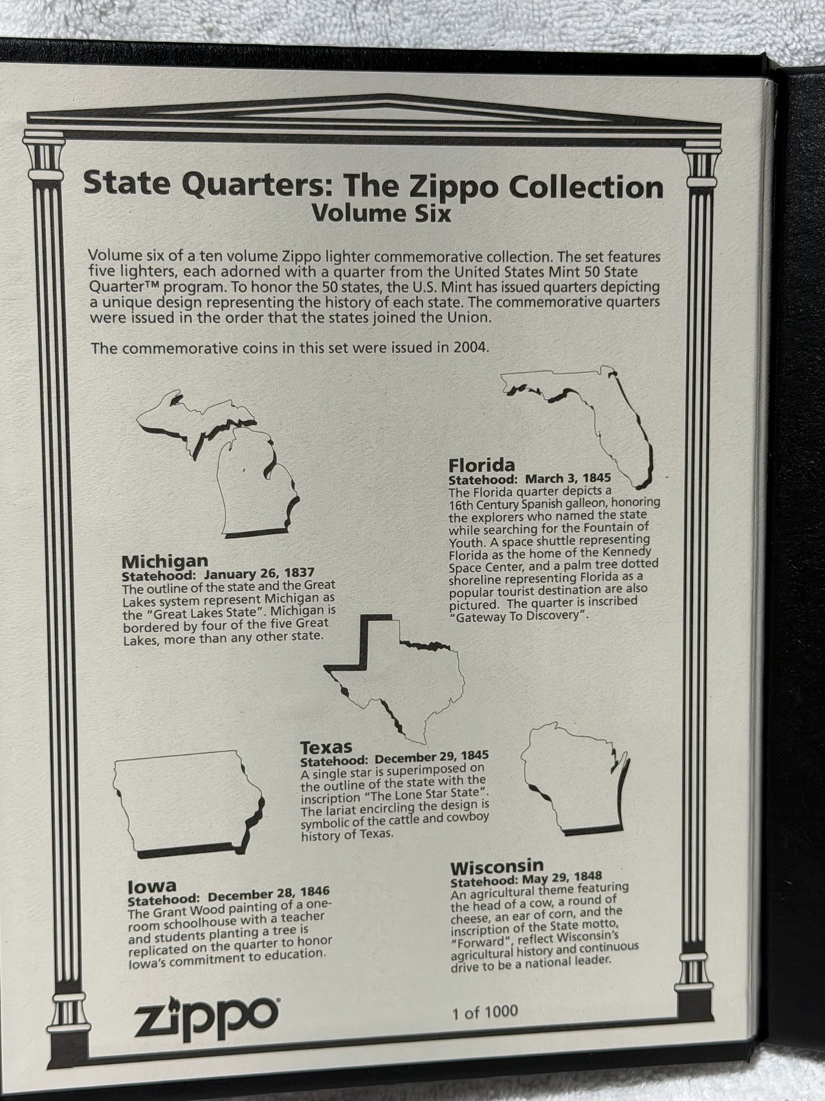 Vintage 2006 State Quarters 1 Of 5,000 Zippo Lighter Collection Set Volume 8 NEW