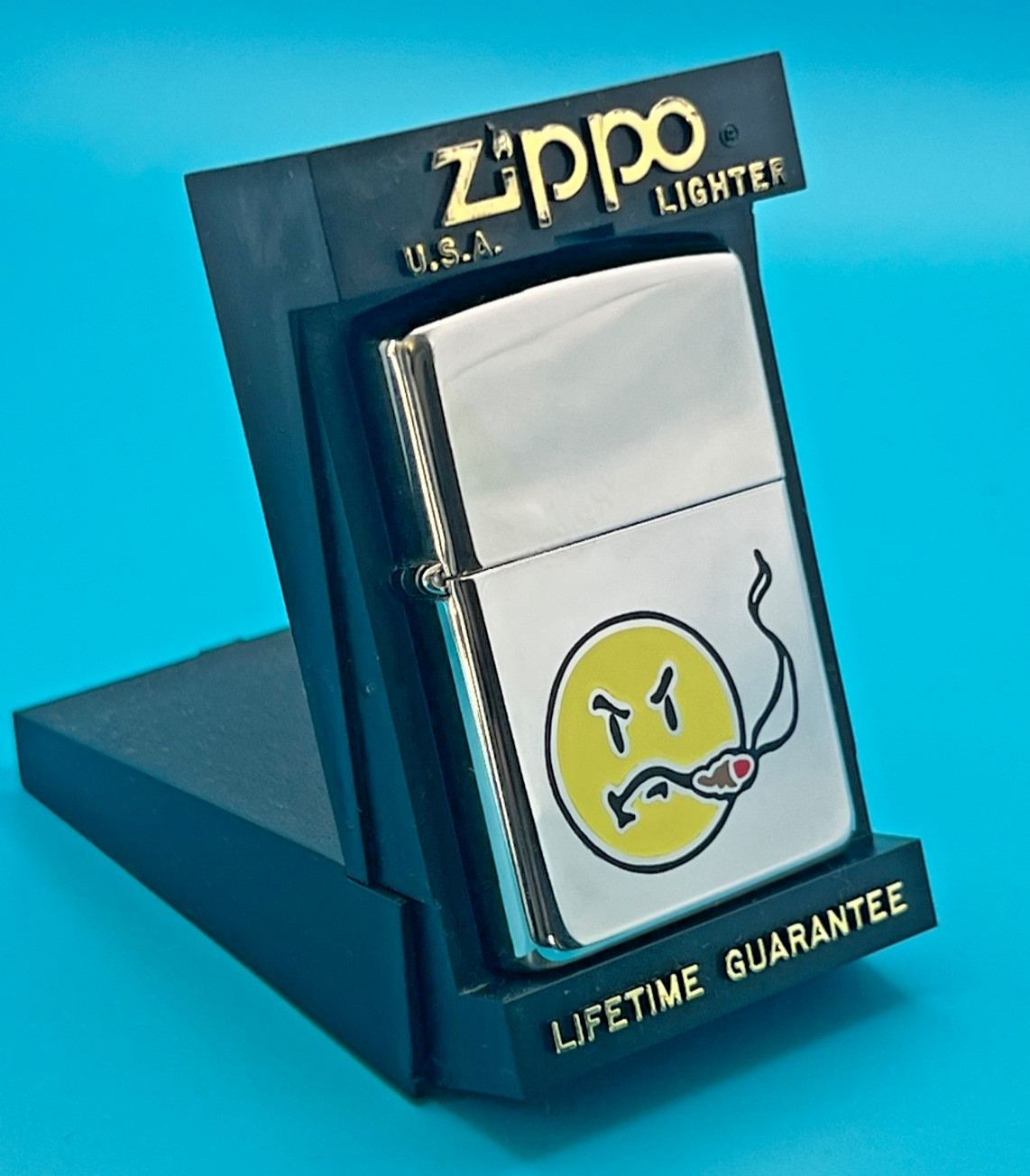 Genuine Brand New 1996 ZIPPO Lighter Rare NAUGHTY SMOKING EMOJI Brilliant Chrome