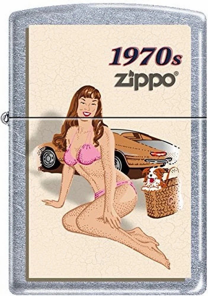 Zippo Windy Vintage Nose Art Pink Bikini Pinup 1970 Era Satin Chrome Lighter NEW