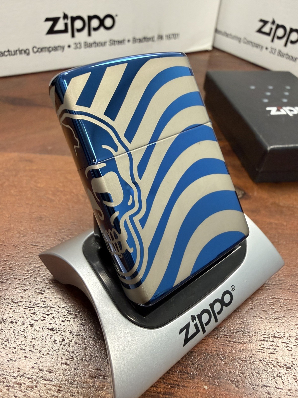 GENUINE Zippo Lighter Snap-on Tools SIDE SKULL ALLOVER Polished Blue 2022 NEW