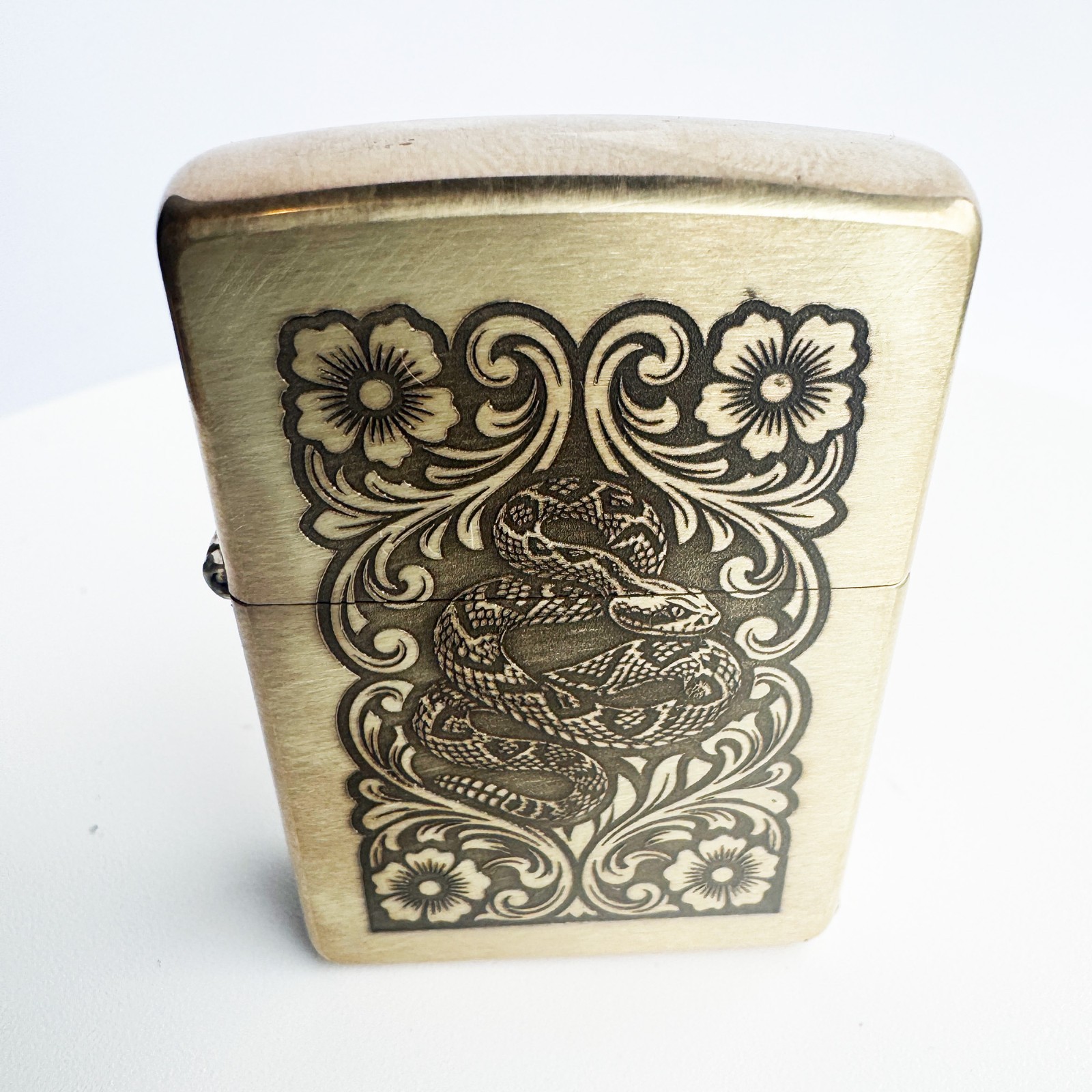 Rattlesnake with Western Floral Scrolls Brass Zippo Lighter – Made in USA