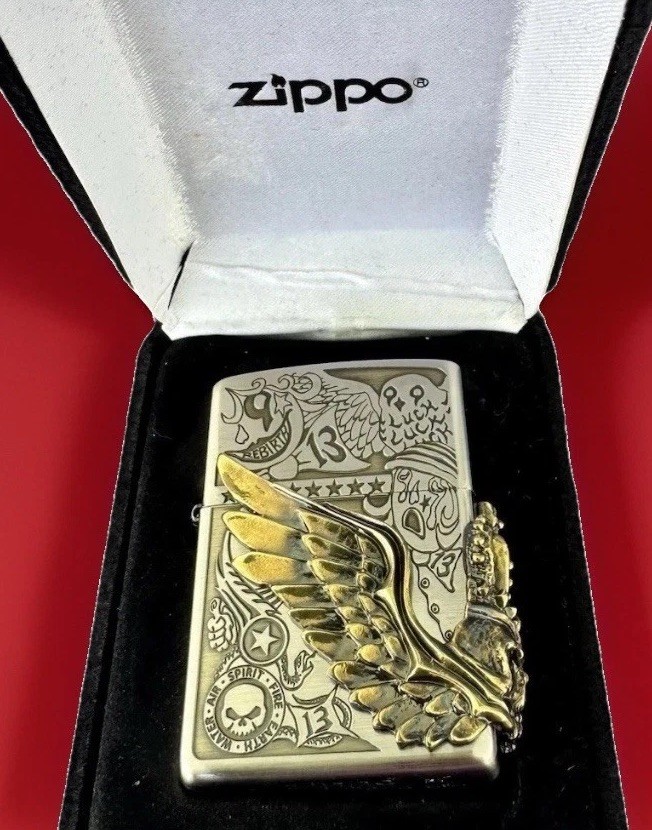Zippo Lighter Fortune Head Lucky Owl Crown Skull 3 Sided Metal Gold Silver Brass