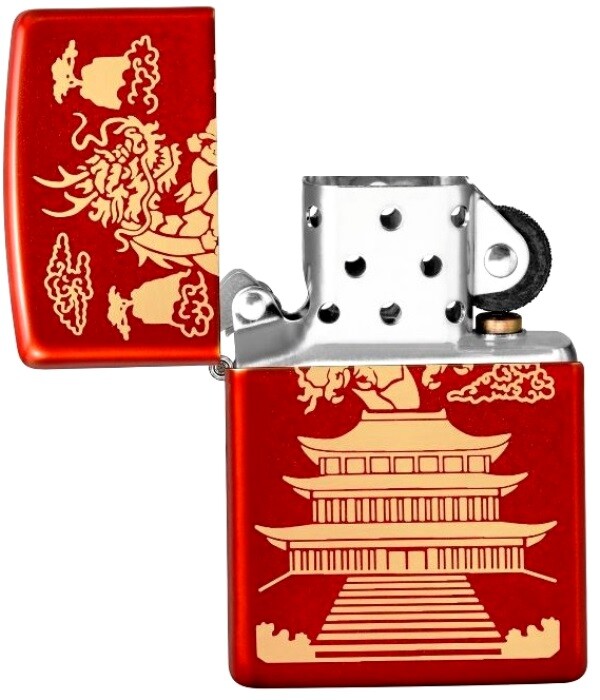 ZIPPO LIGHTER – CHINESE DRAGON & TEMPLE – ENGRAAVED – METALLIC RED – MADE N USA