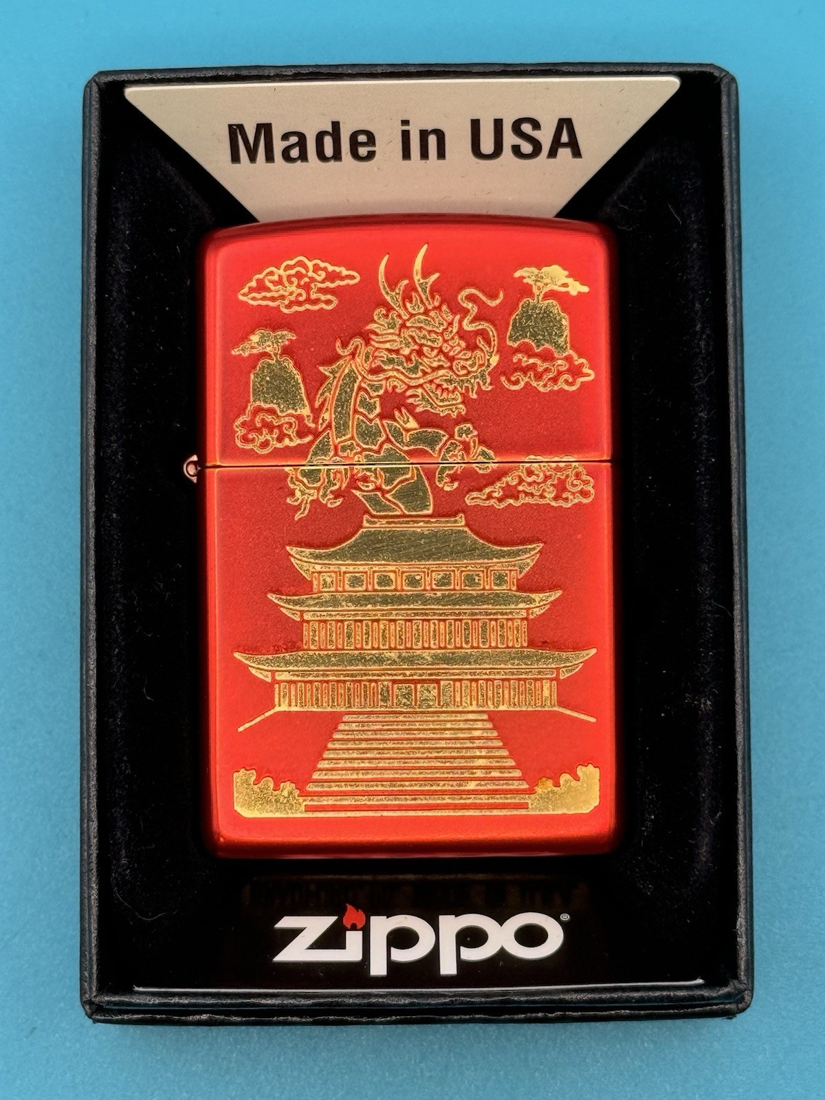 2021 Chinese Dragon & Temple Eastern Design Red Metallic Zippo Lighter ***READ
