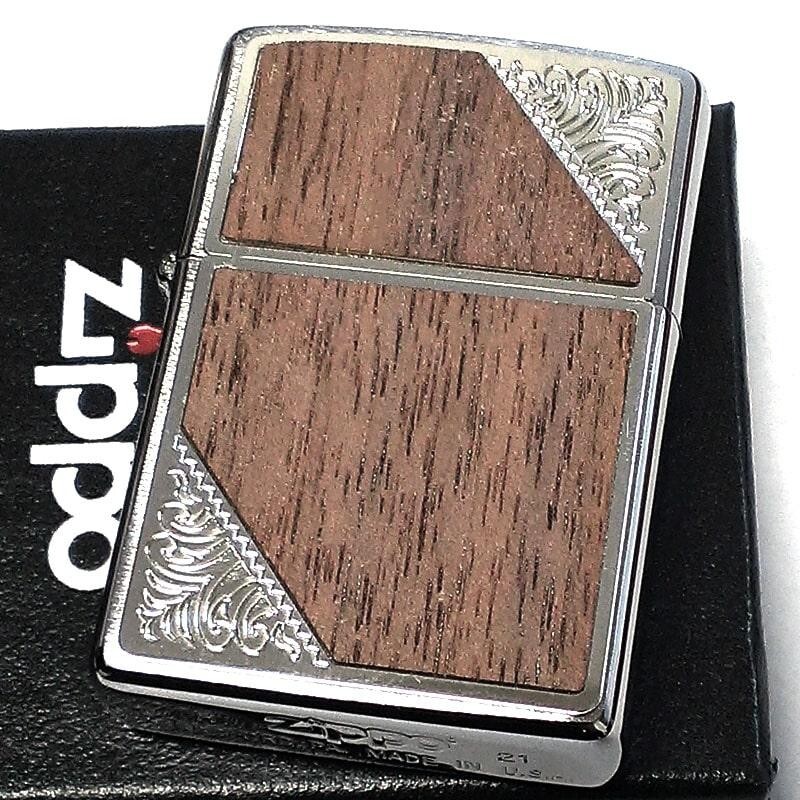 Zippo Oil Lighter Wood Metal Silver Brown Brass Etching Regular Case Japan
