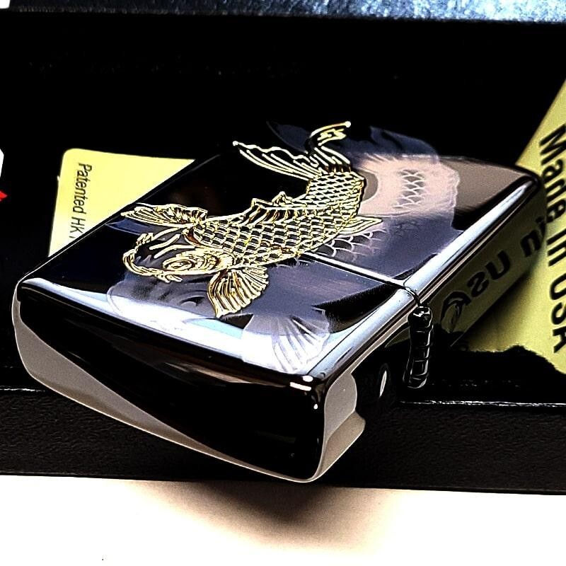 Zippo Carp Etching Laser Engraving Black Nickel & Gold Regular Lighter Japan