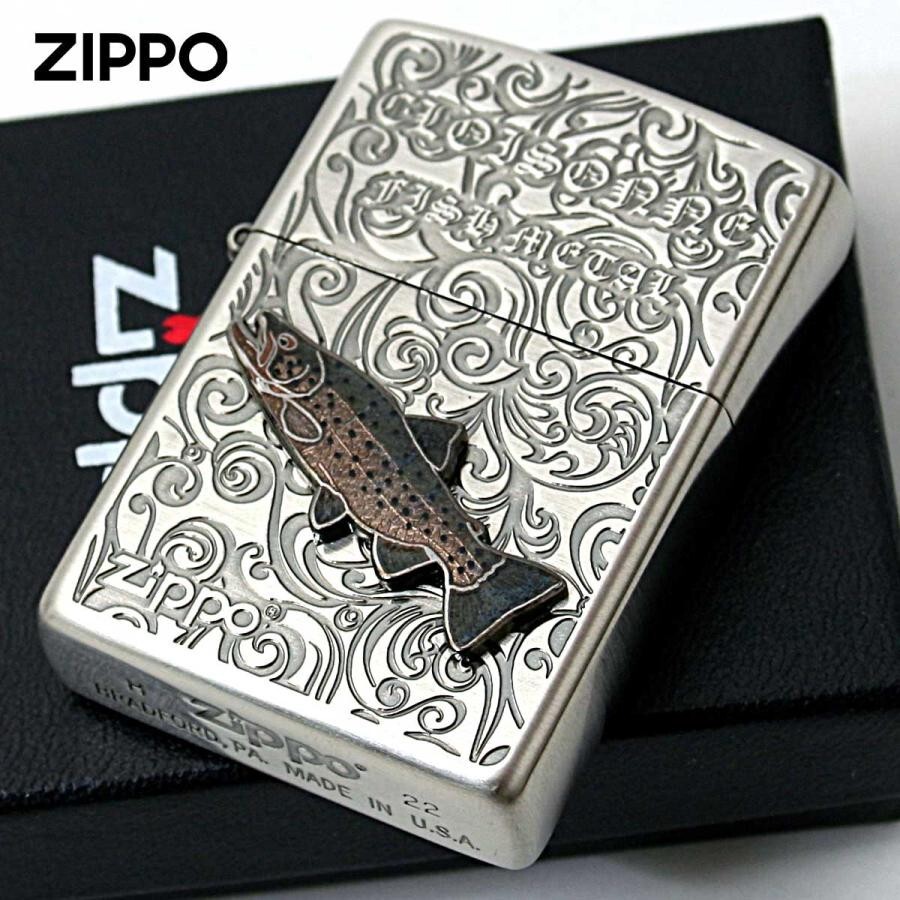 Zippo Brown Trout Vintage Cloisonne Metal Fish Etching Silver Lighter