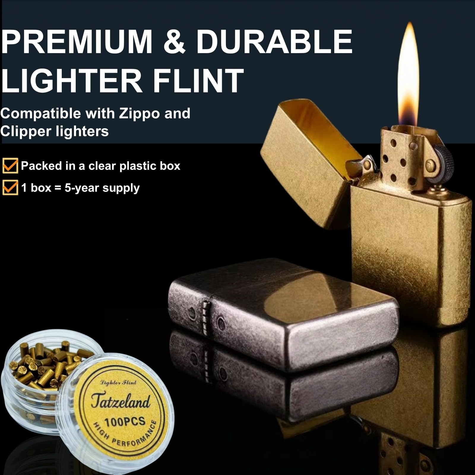 Tatzeland Lighter Flints and Wick Set – Inculdes 100pcs Gold Flints+