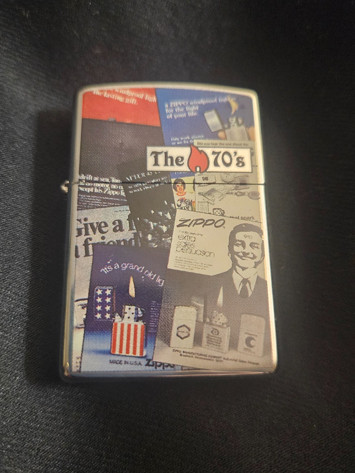 Zippo „The 70’s“ #24189 – high polished chrome finish decorated with vintage ads