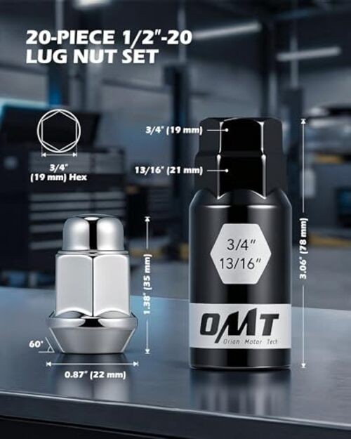 Lug Nuts with Cone Seat, 3/4″ 19mm Hex 1/2″-20 Silver 20Pcs 1.38″Long