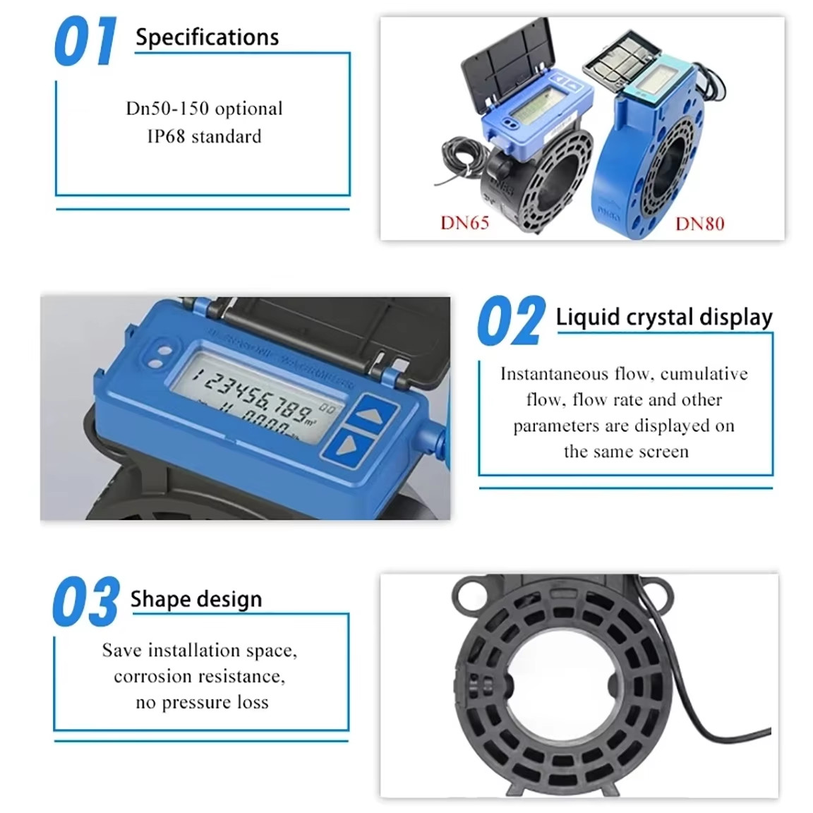 Digital Ultrasonic Water Meter RS485 Output Flowmeter Battery Powered Flange Cla