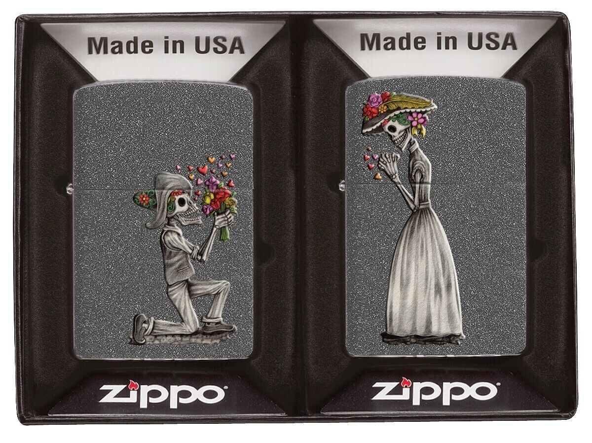 New 2 Zippo Lighters & Magnetic Display Stands Skeleton Couple Iron Stone 28987