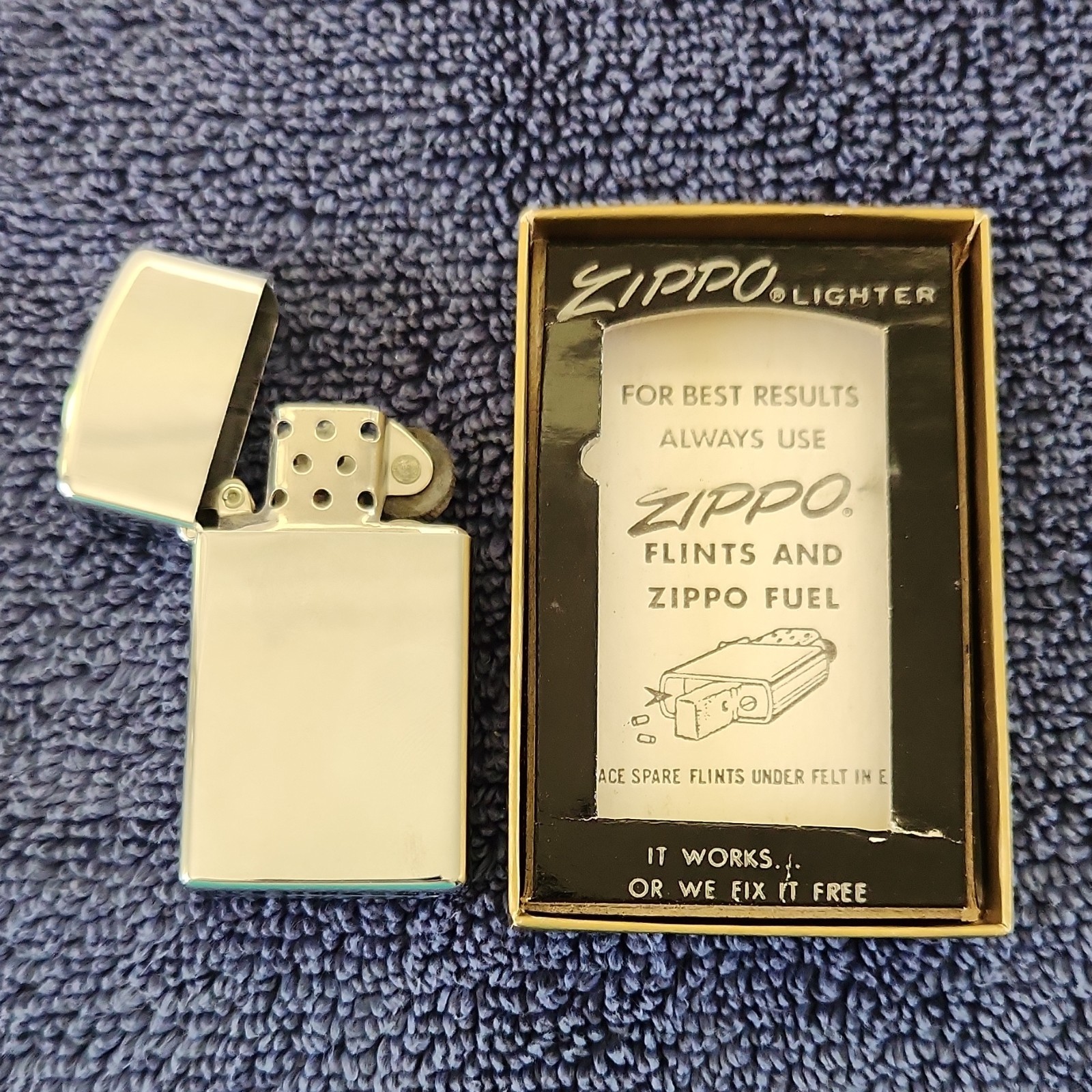 Vintage Zippo Slim High Polish Lighter No.1610 Cigarette Theme with Box & Insert
