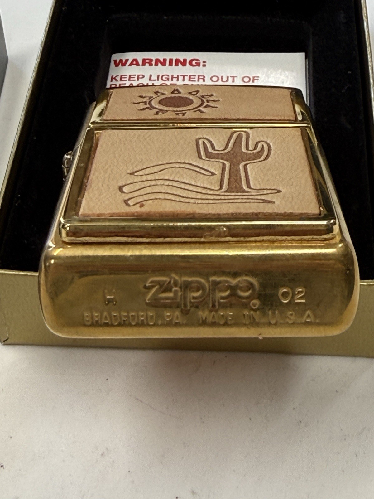 ZIPPO 2002 HIGH NOON CACTUS & MOON LEATHER EMBLEM LIGHTER SEALED IN BOX 144