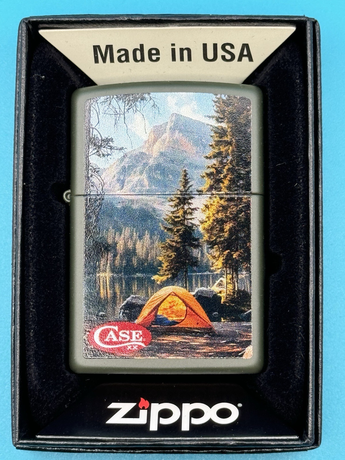 Case Knives Lake Camping Design Dark Green Matte Zippo Lighter NEW