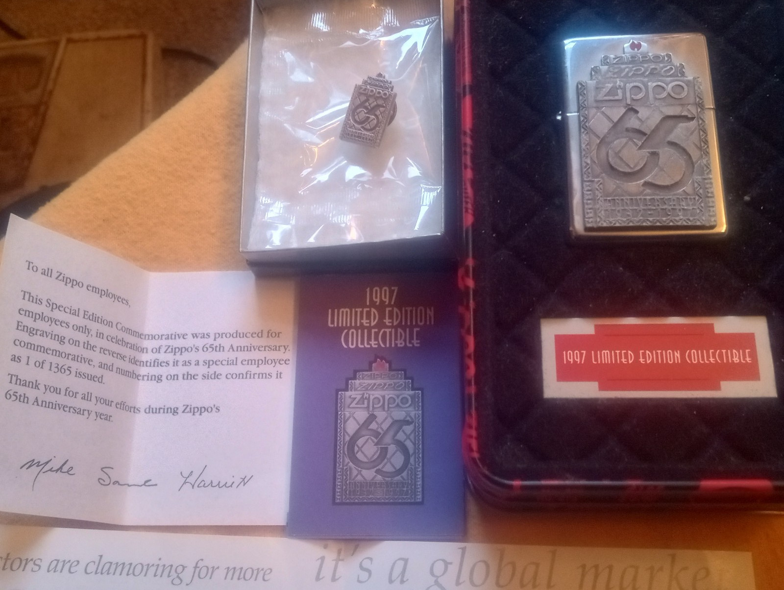Zippo Employee Issued 1997 65th Anniversary Lighter.Tie Tac/2 Catalogs