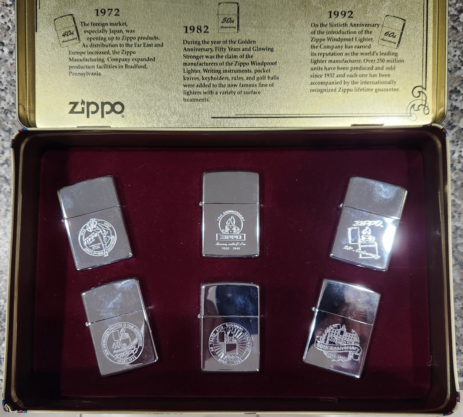 Zippo 60th Anniversary Collection Set 1932-1992 6 Lighters Tin Pins Guides