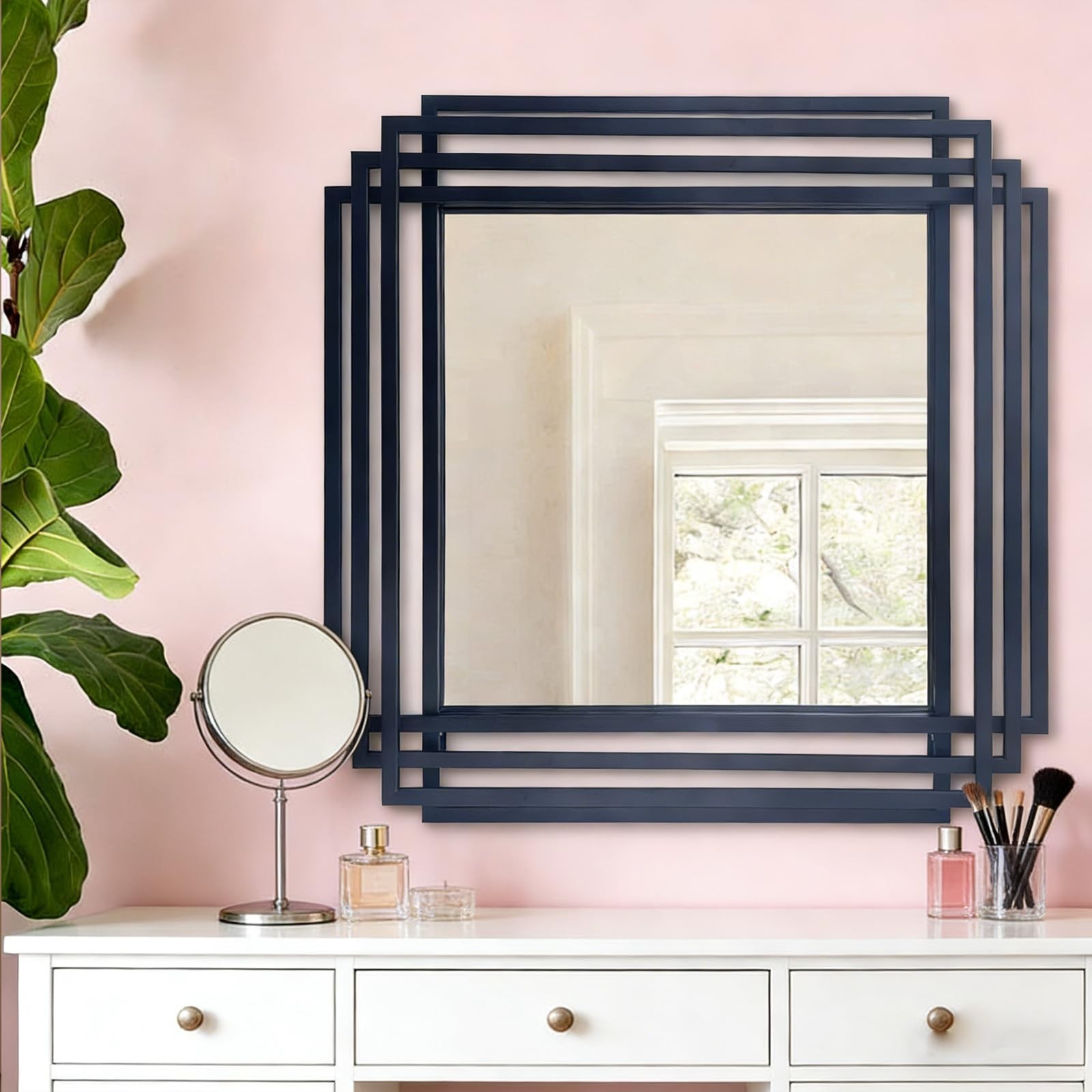 24″x24″ Square Decorative Wall Mirror with Black Metal Frame | Geometric Desi…
