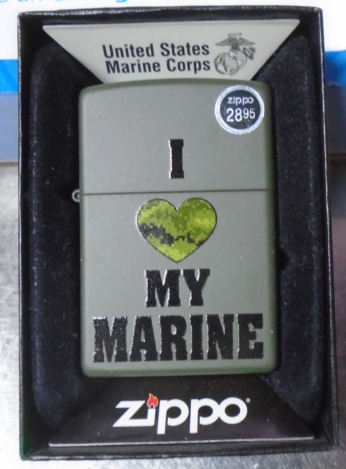 Feb 2012 ZIPPO OFFICIALLY LICENSED MATTE GREEN LIGHTER I LOVE MY MARINE 28338