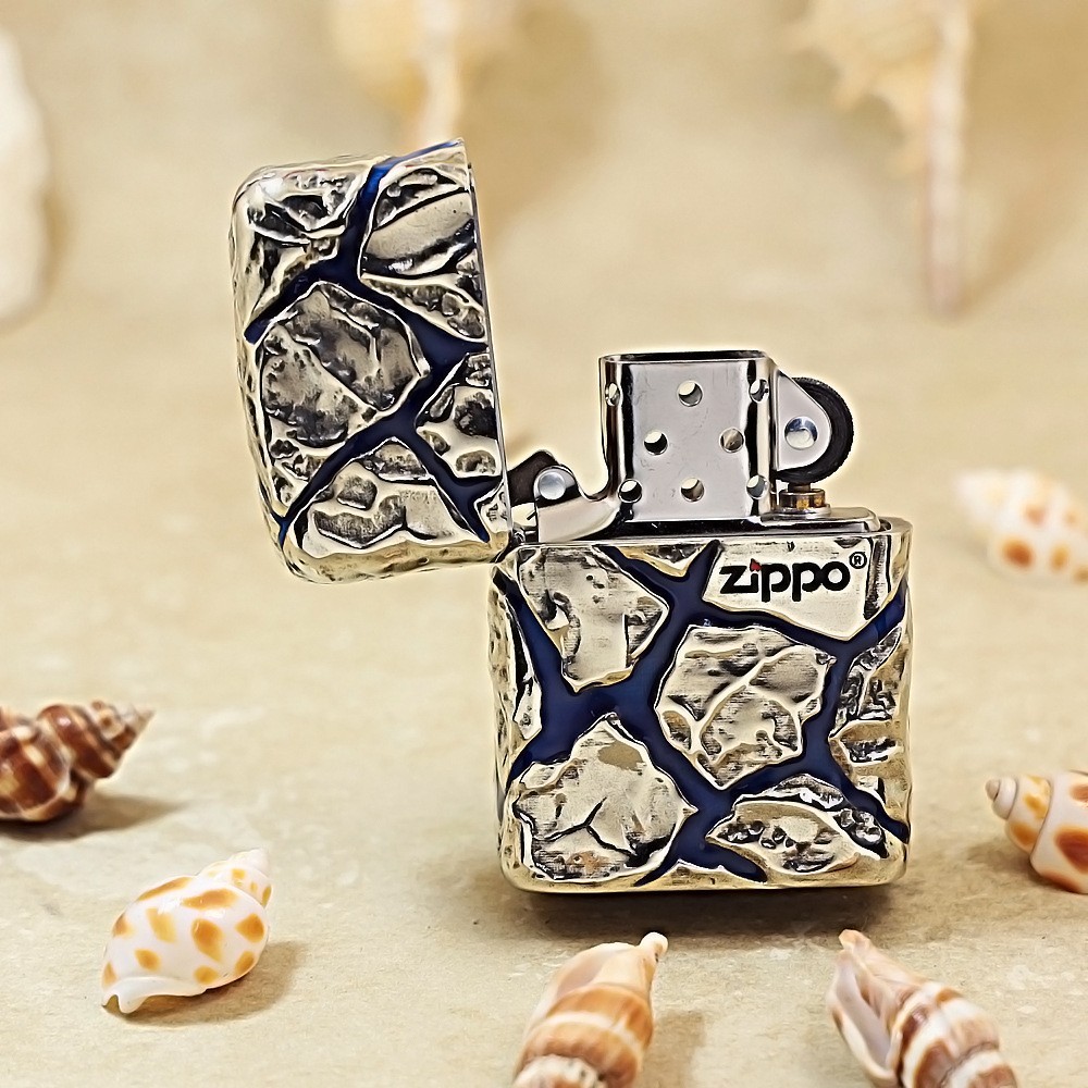 Genuine Zippo Silver Cracked Stone 3D Lighter Glow in Dark Wood Box