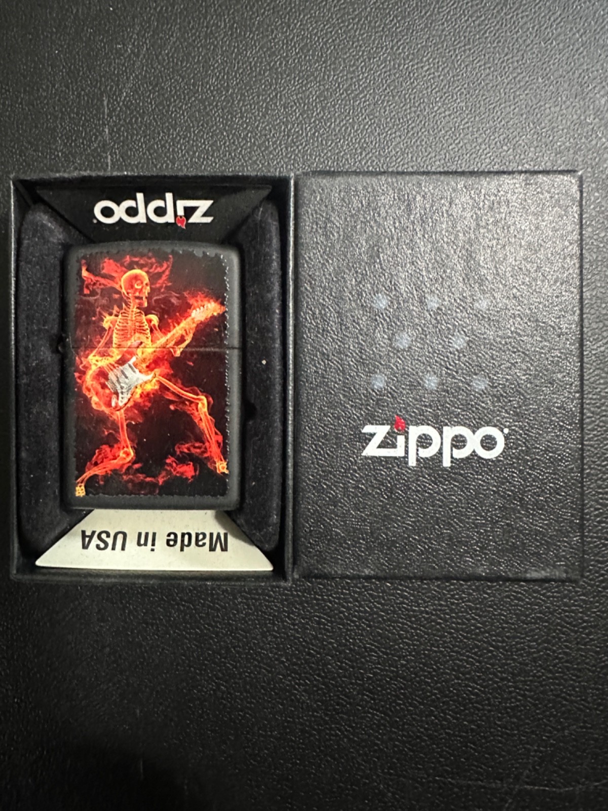 Vintage 2012 Flaming Skeleton Guitar Player Black Matte Zippo Lighter NEW!