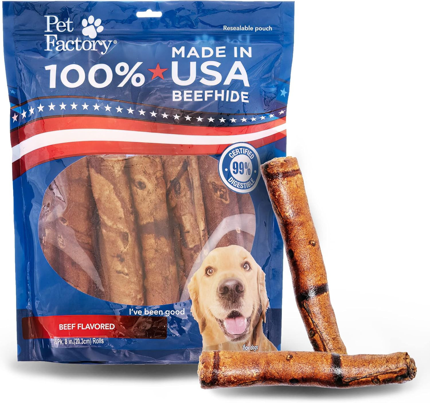 100% Made in USA Beefhide 8″ Rolls Dog Chew Treats – Beef Flavor, 15 Count/1 Pac