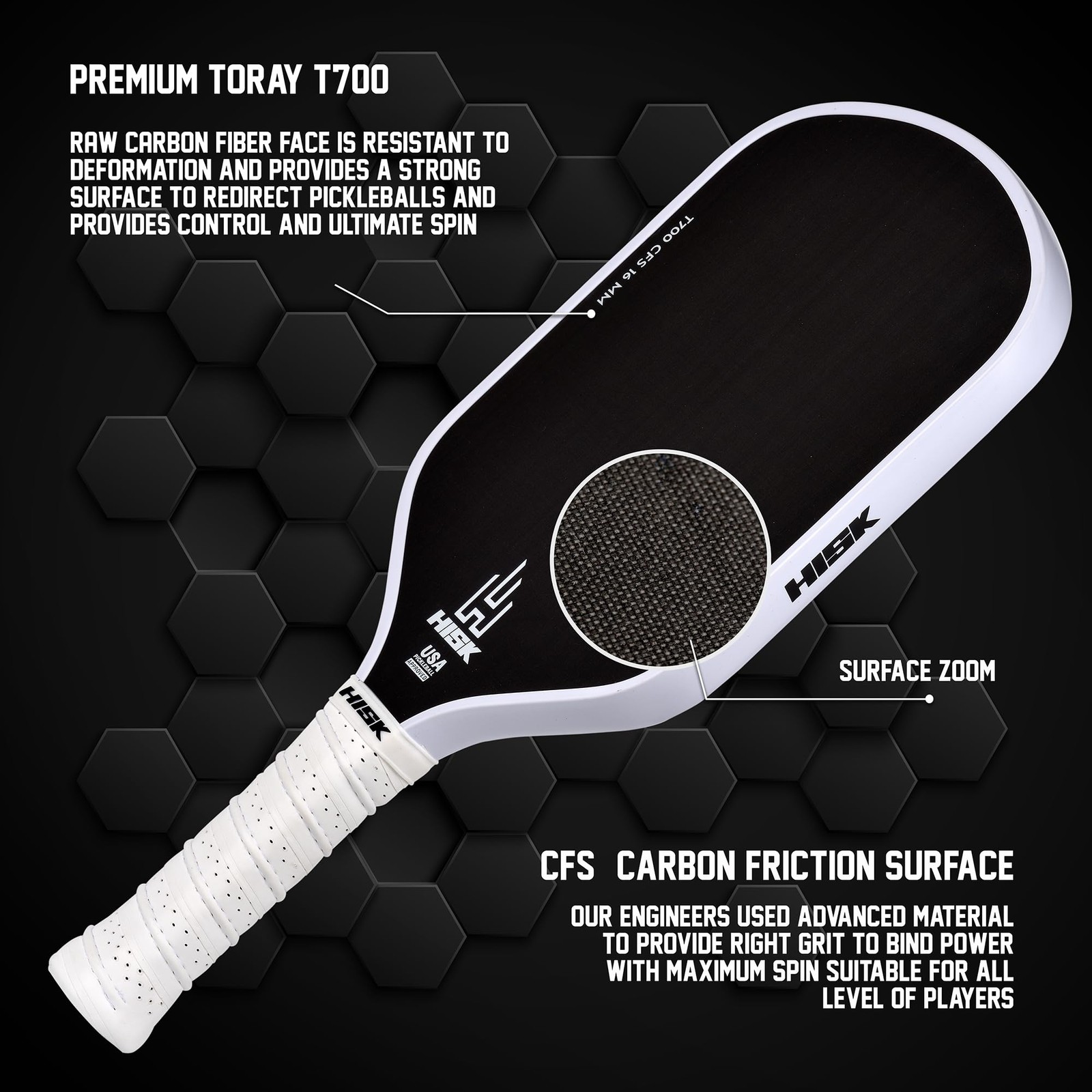 HISK RAV PRO Pickleball Paddle – T700 Raw Carbon Fiber, 16mm, Foam Edge