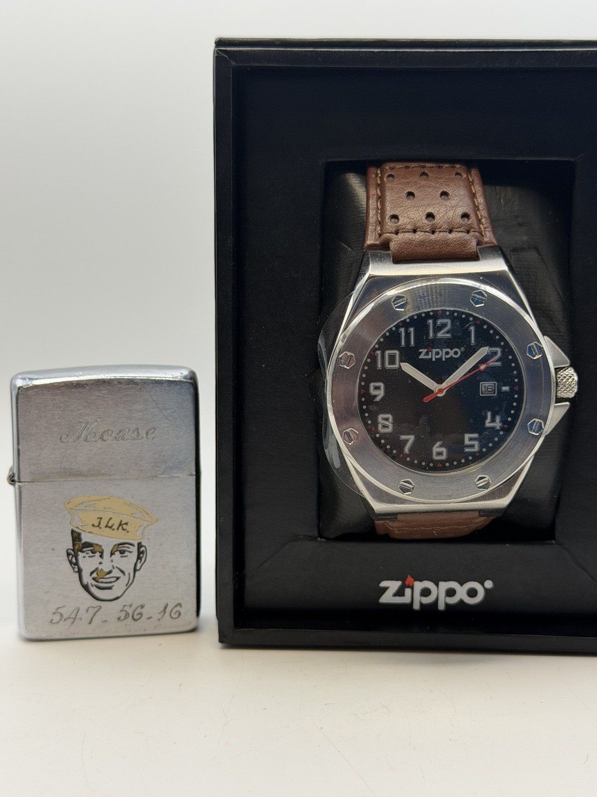 Vintage 1960 US Navy Sailor Mouse Chrome Zippo Lighter W/ Casual Men’s Watch