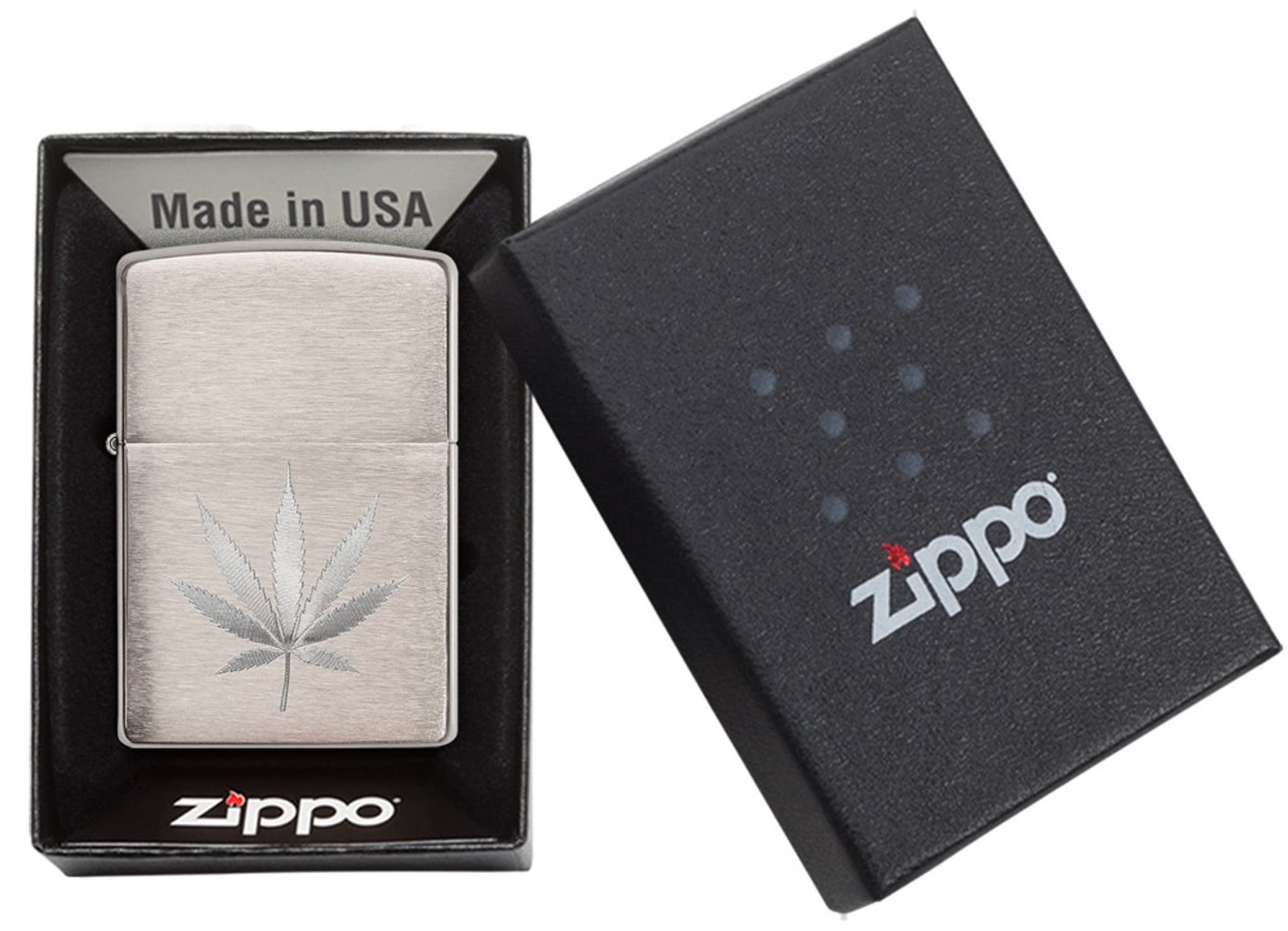 Zippo Brushed Chrome Marijuana Leaf Pocket Lighter