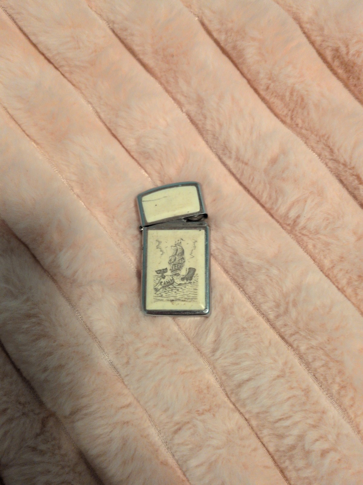1980 Vintage Zippo Slim Lighter Ivory Scrimshaw Whaling Ship Whale Scene In Box