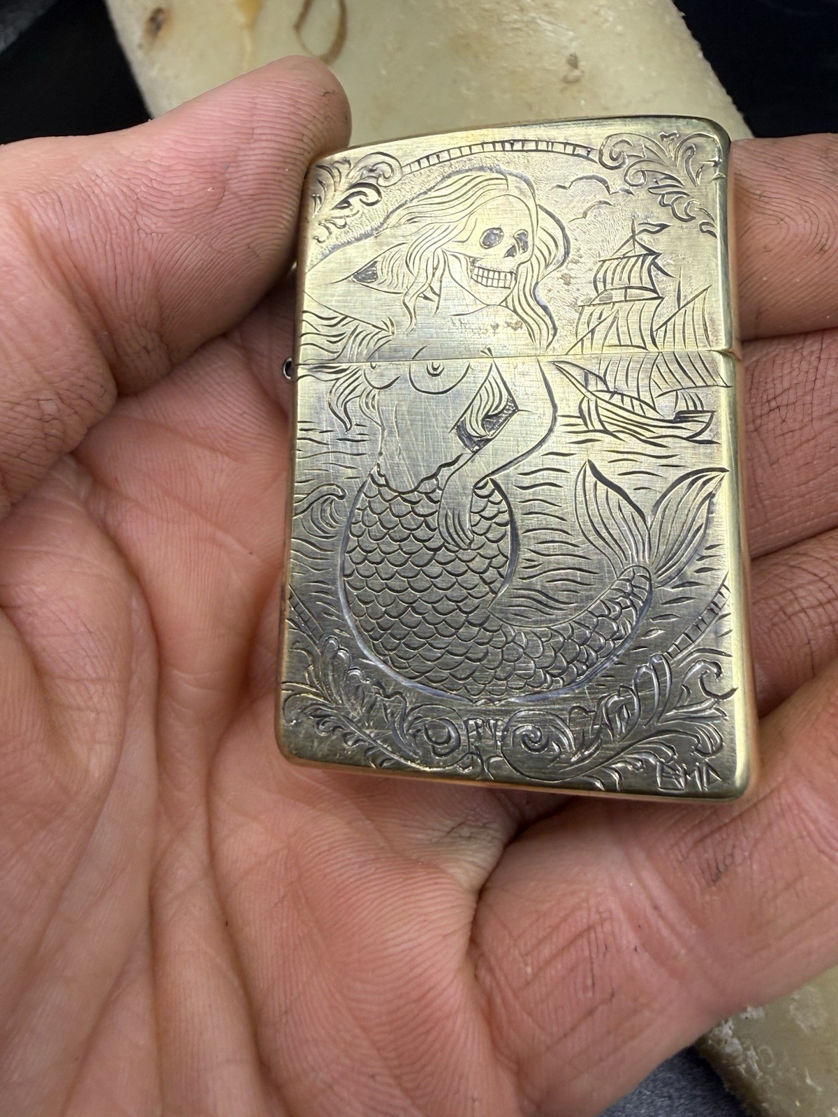 Hand Engraved Skeleton Mermaid Zippo – Solid Brass – One of a Kind