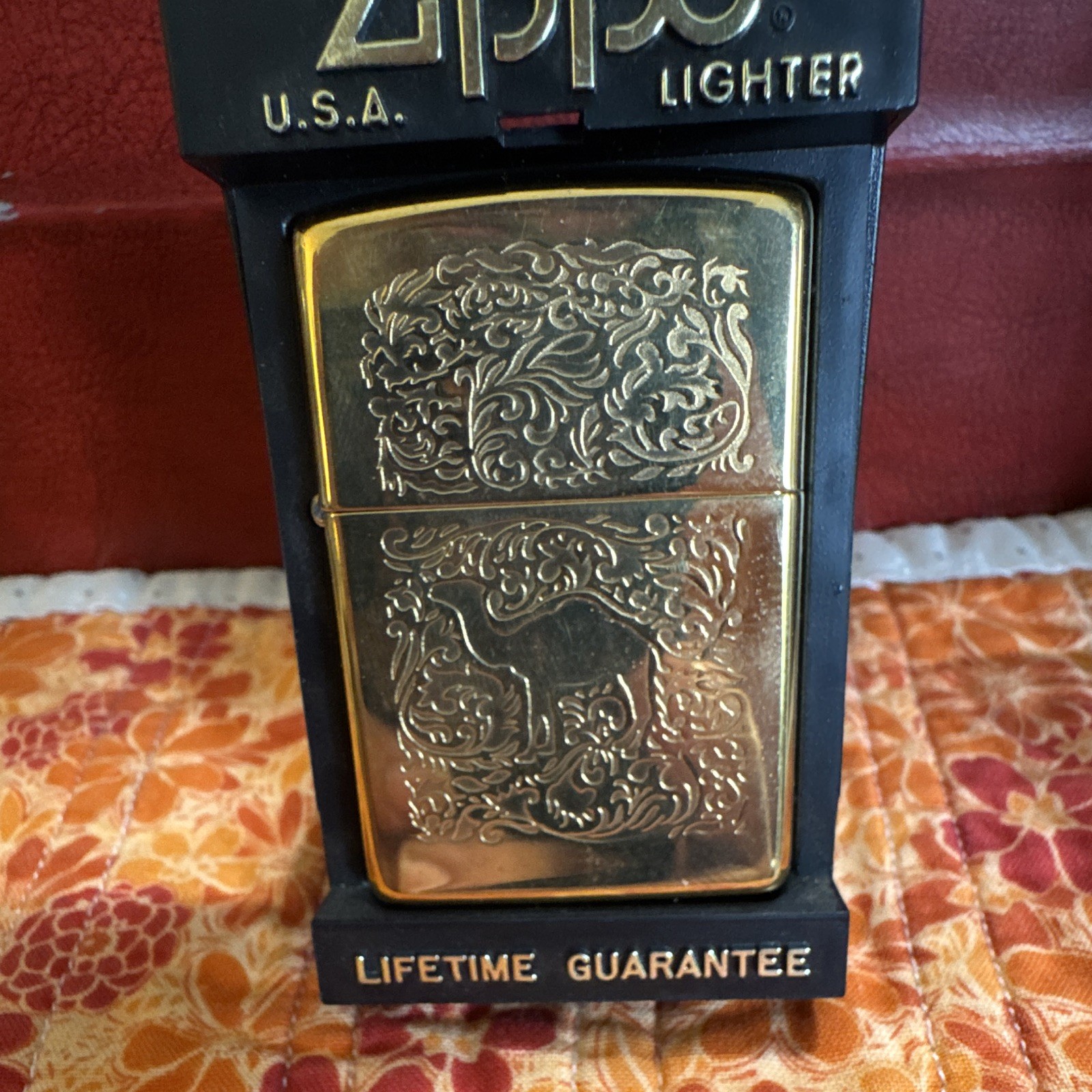 Zippo U.S.A. Gold Plated Camel Engraved Design w/ Case