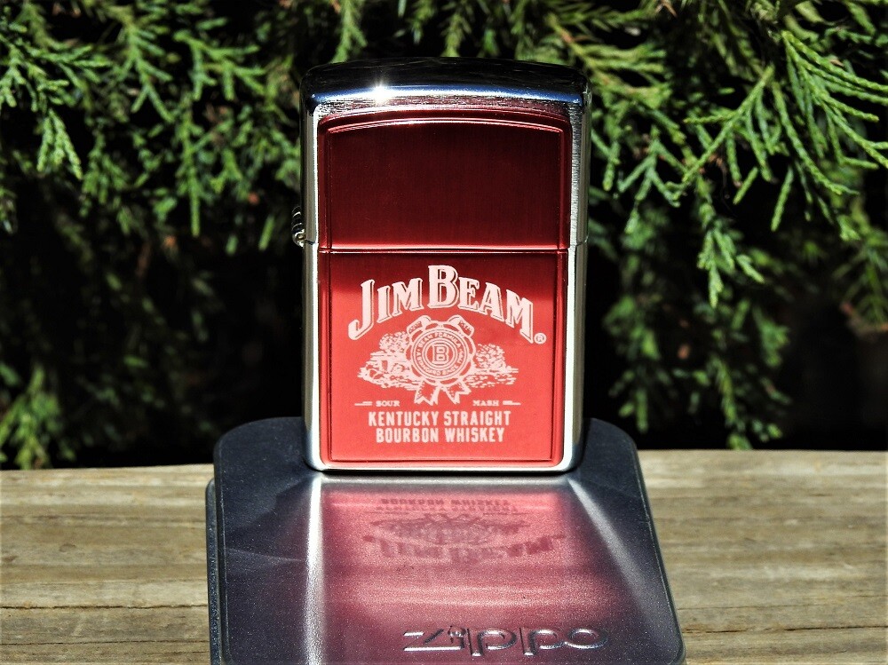 Jim Beam Label Zippo Lighter – Red Anodized – Kentucky Straight Bourbon Whiskey