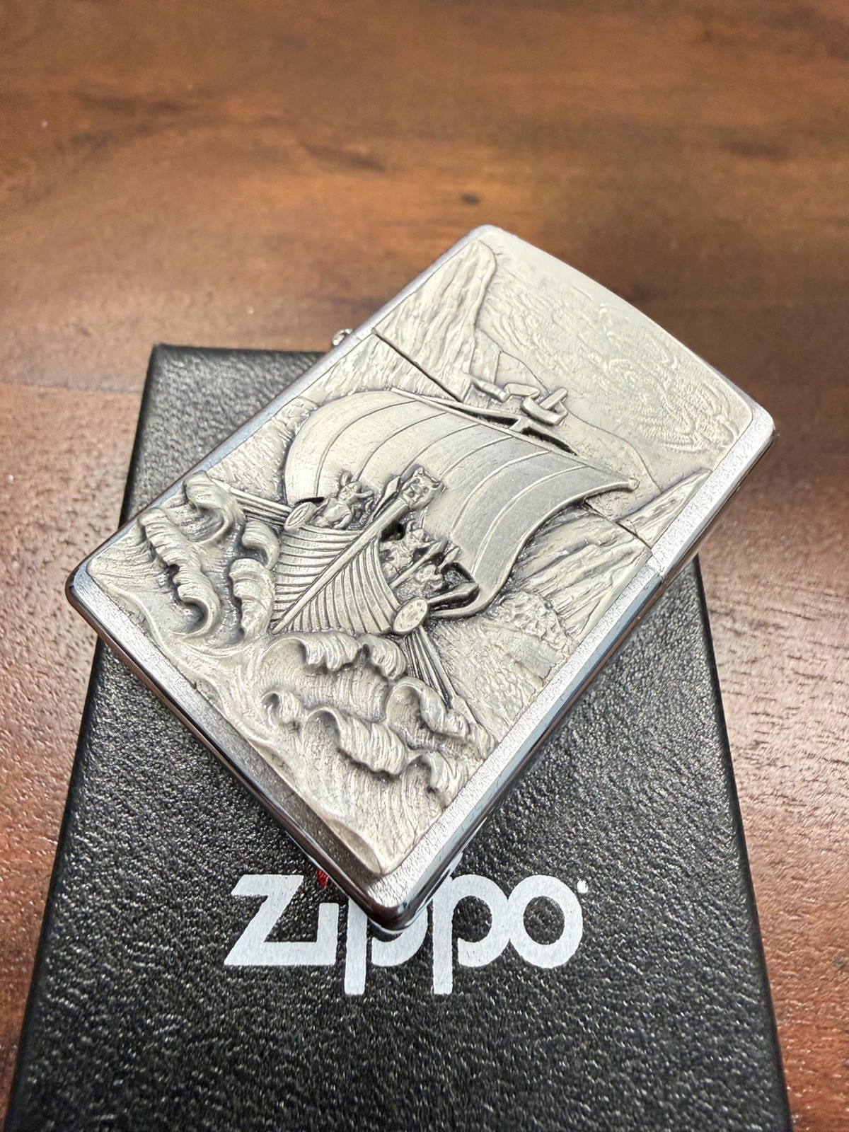 GENUINE Zippo Lighter VIKING SERIES SHIP FJORD Brushed Chrome 2007 NEW IN BOX