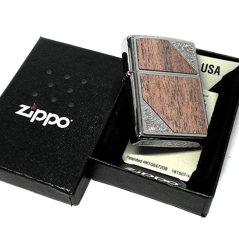 Zippo Oil Lighter Wood Metal Silver Brown Brass Etching Regular Case Japan